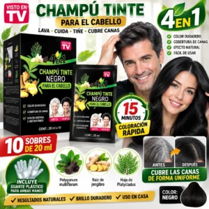 CHAMPÚ TINTE NEGRO 4 EN 1 PINTA CANAS CUBRE CANAS RÁPIDO 10 SOBRES