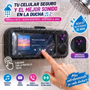 SOPORTE CELULAR DUCHA TÁCTIL CON ALTAVOZ BLUETOOTH PROTECTOR AGUA