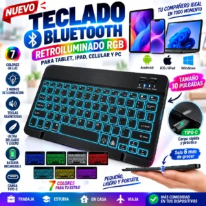 TECLADO BLUETOOTH RETROILUMINADO RGB 10 PULGADAS