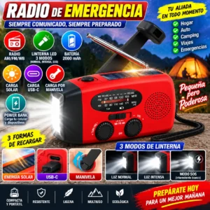 RADIO DE EMERGENCIA SOLAR AM FM WB CON LINTERNA MANIVELA POWER BANK